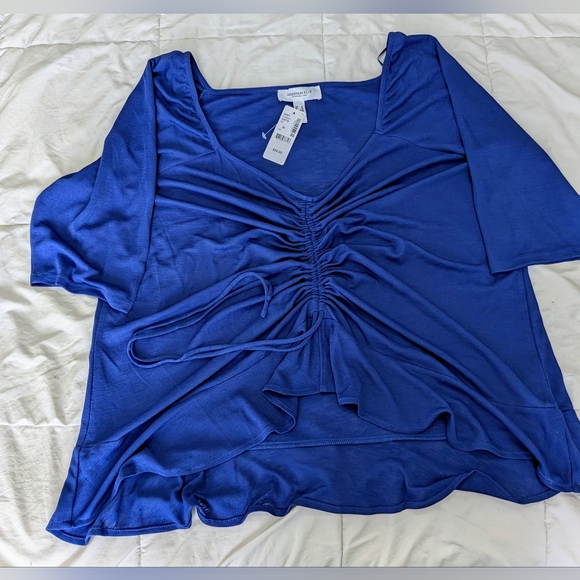 Addition Elle, Royal blue, 3/4 length sleeve, crepe shirt with ruffled hem. - Picture 4 of 16
